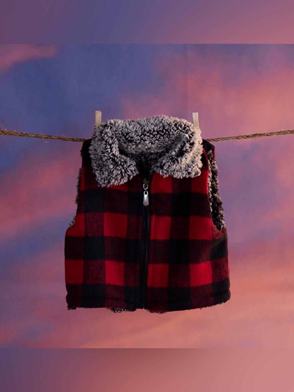 Cracker Barrel Red and Black Buffalo Plaid Kids Vest with Faux Sherpa Collar